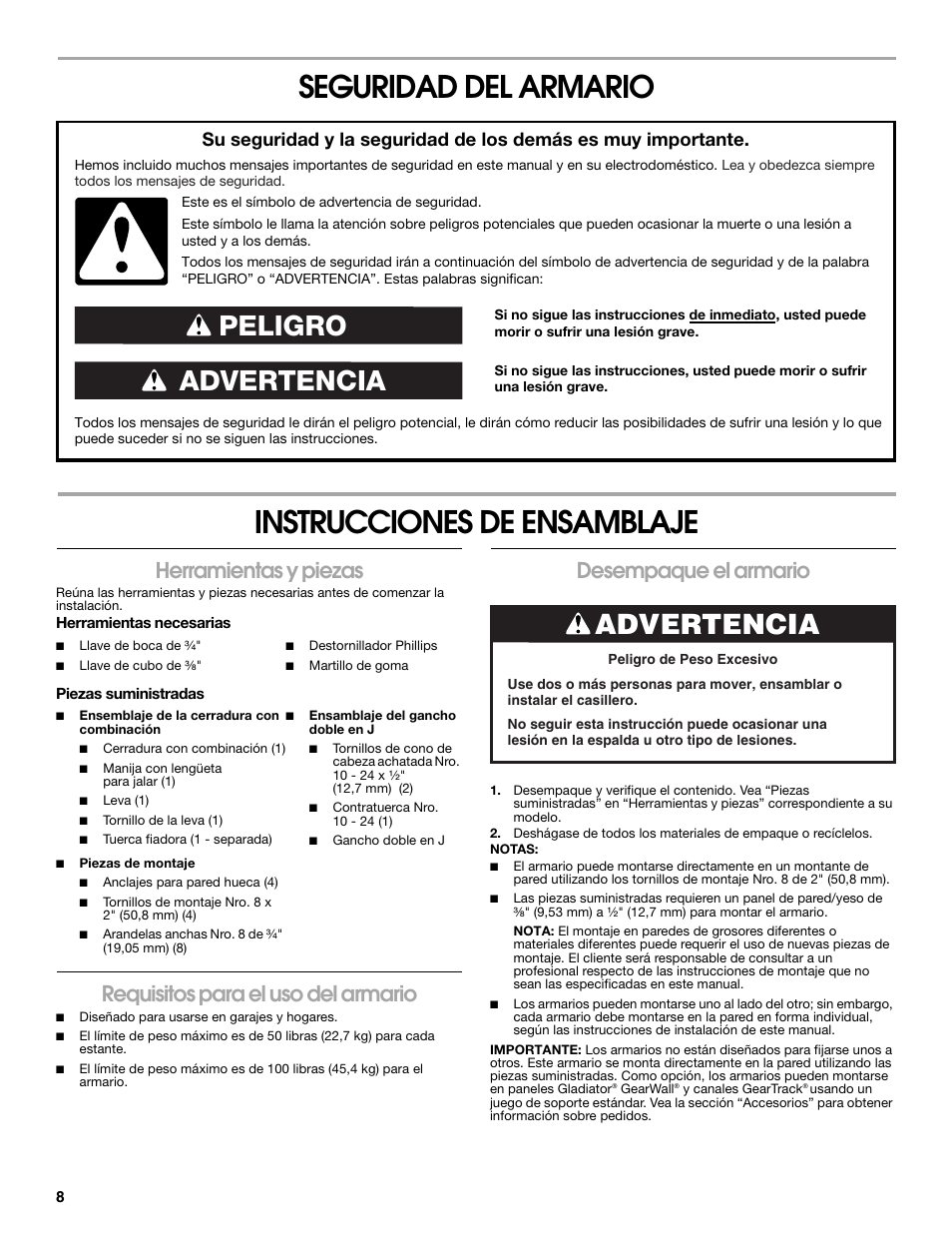 Seguridad del armario instrucciones de ensamblaje, Advertencia peligro, Advertencia | Herramientas y piezas, Requisitos para el uso del armario, Desempaque el armario | Gladiator GASL1TAMDG Licensed Collegiate PrimeTime Locker User Manual | Page 8 / 20
