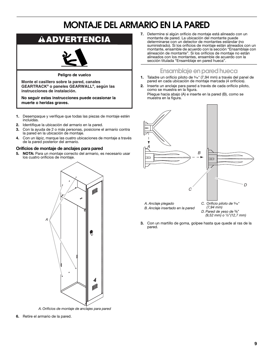 Montaje del armario en la pared, Advertencia, Ensamblaje en pared hueca | Gladiator GASL1TAMDG Licensed Collegiate PrimeTime Locker User Manual | Page 9 / 20