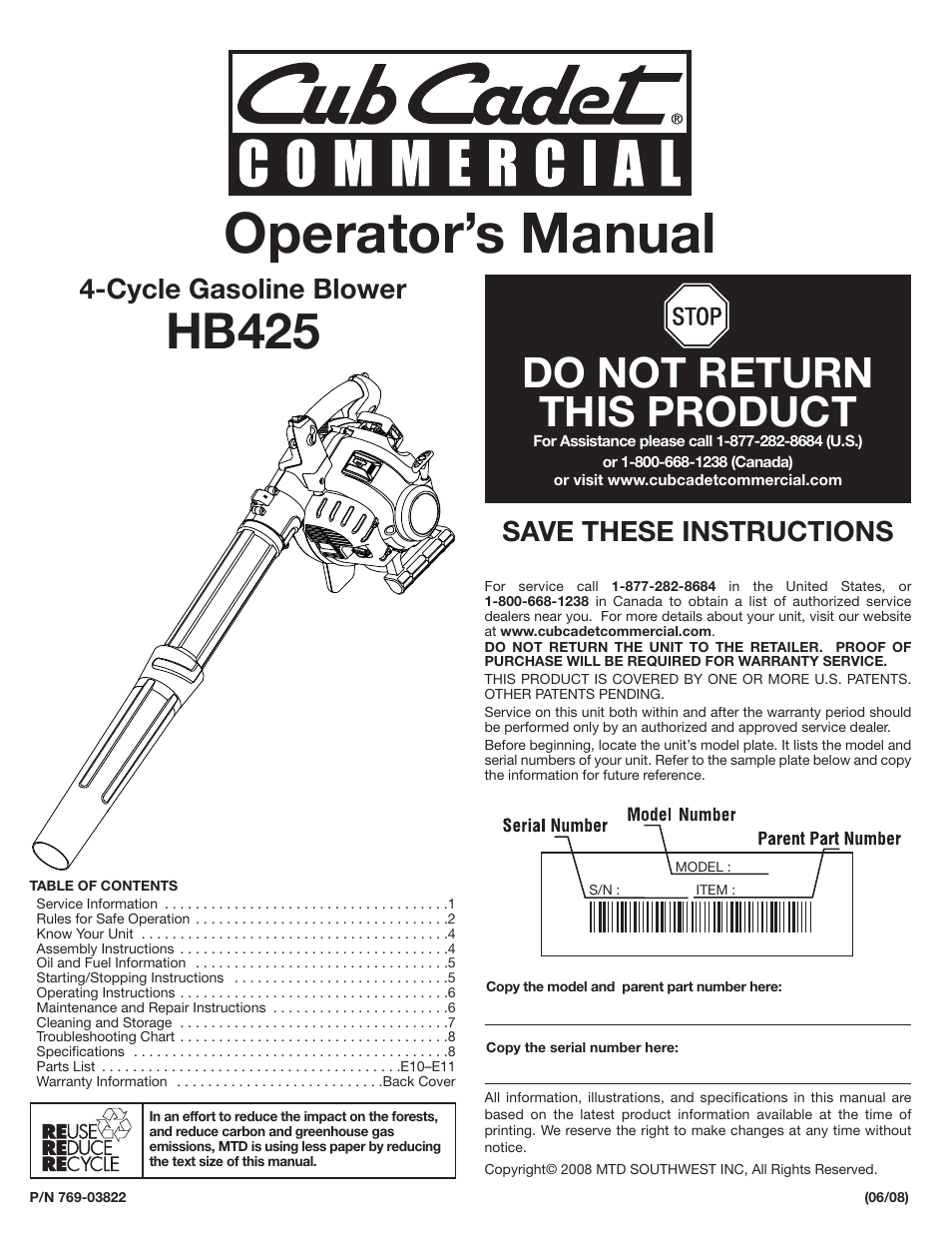 Cub Cadet HB425 User Manual | 28 pages