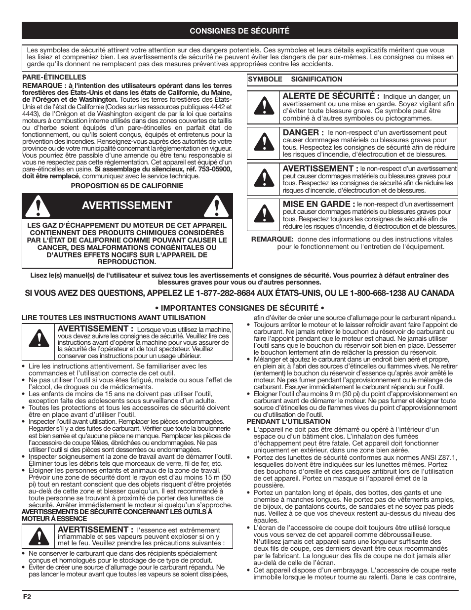 Avertissement | Cub Cadet HB425 User Manual | Page 10 / 28