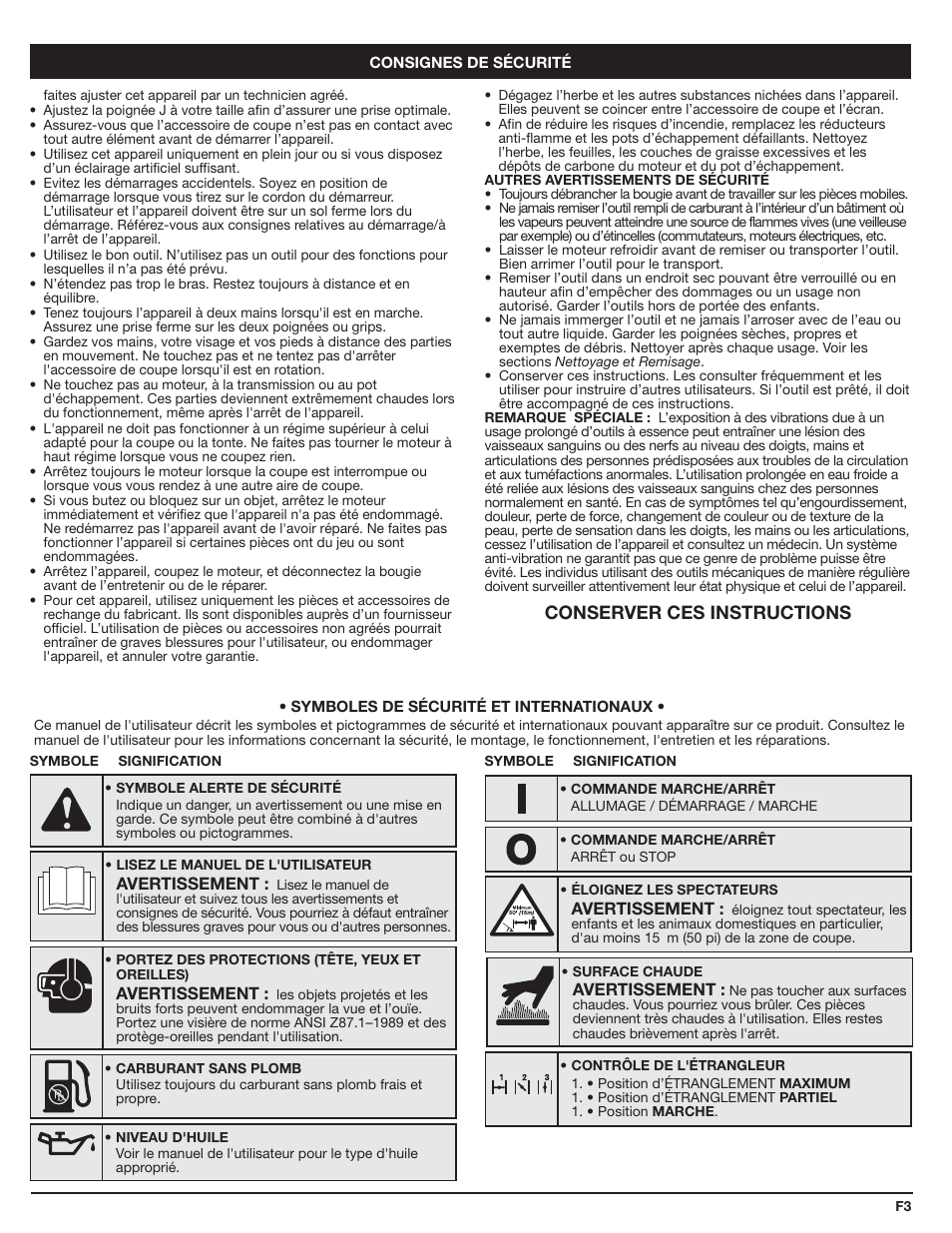 Conserver ces instructions | Cub Cadet HB425 User Manual | Page 11 / 28