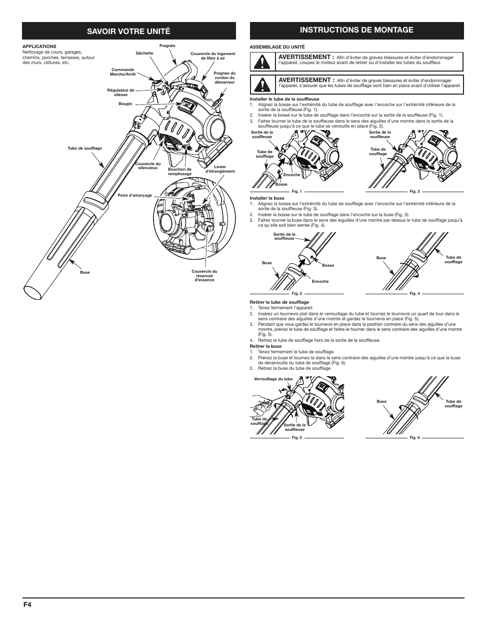 Savoir votre unité, Instructions de montage, Avertissement | Cub Cadet HB425 User Manual | Page 12 / 28