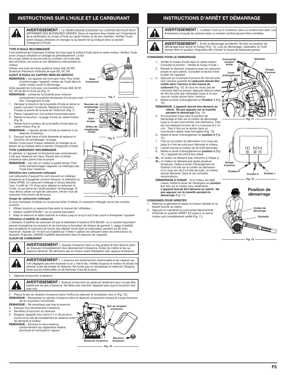Instructions sur l’huile et le carburant, Instructions d’arrêt et démarrage, Position de démarrage | Cub Cadet HB425 User Manual | Page 13 / 28