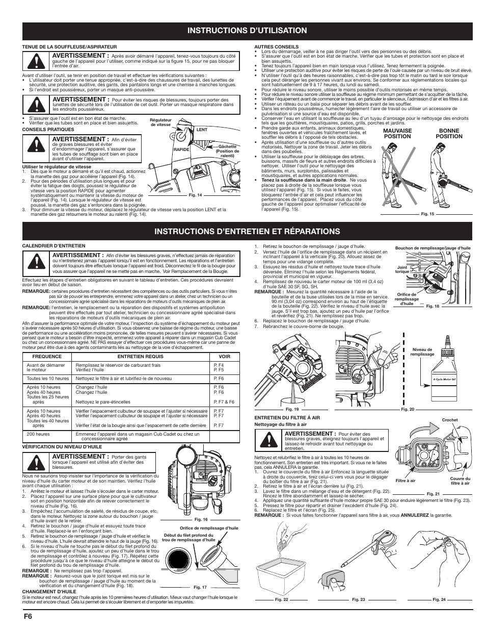 Instructions d’utilisation, Instructions d’entretien et réparations | Cub Cadet HB425 User Manual | Page 14 / 28