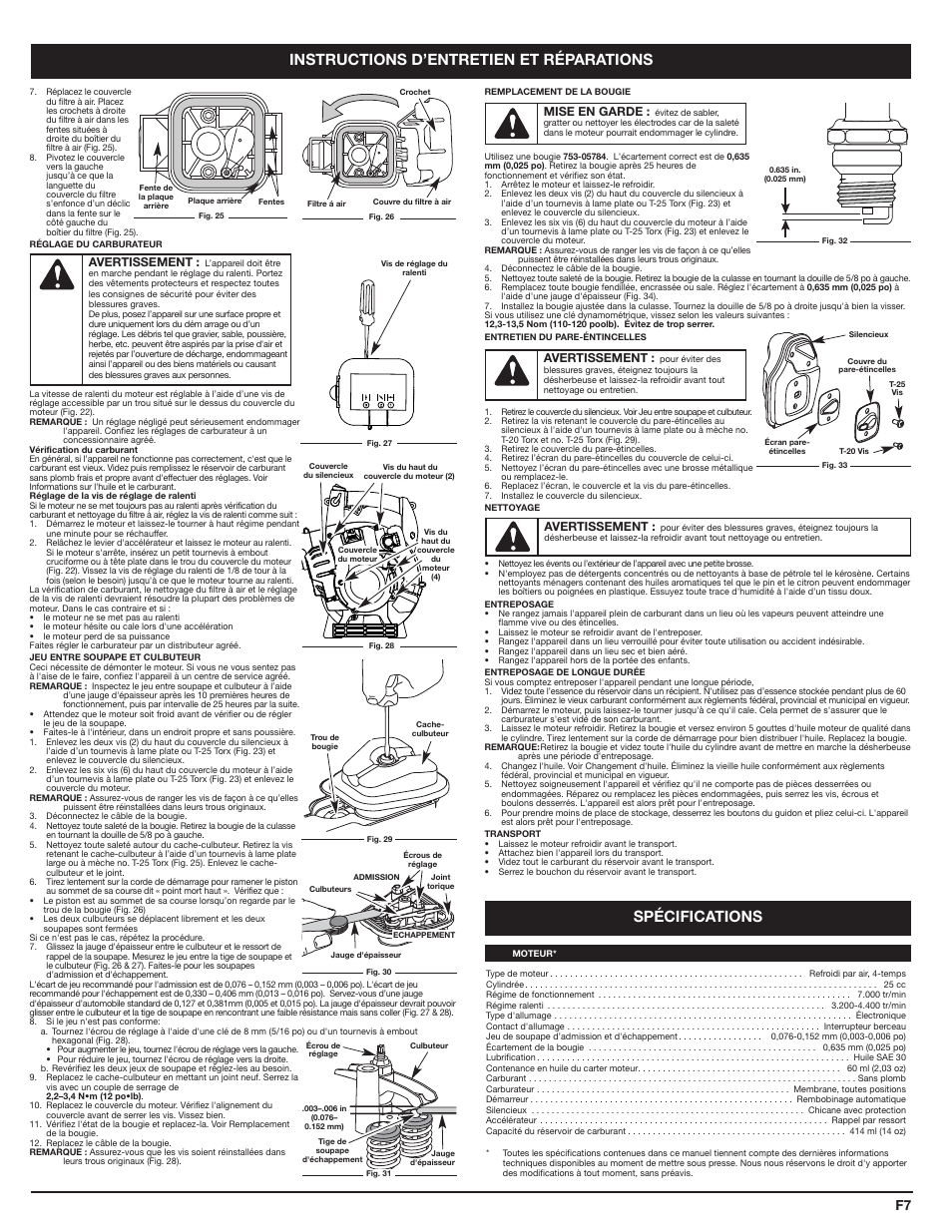 Instructions d’entretien et réparations, Spécifications | Cub Cadet HB425 User Manual | Page 15 / 28