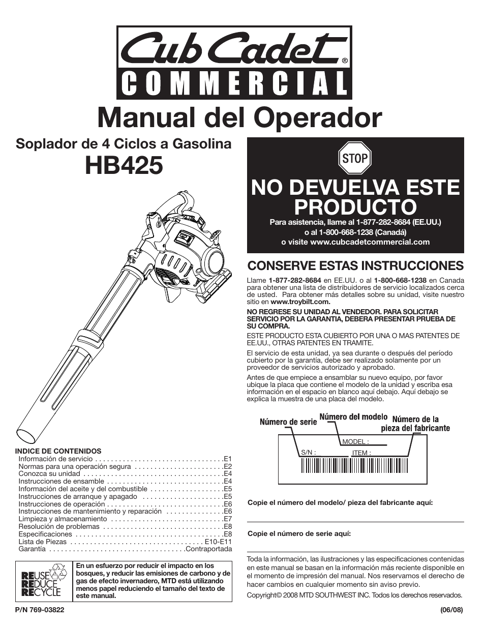 Manual del operador, Hb425, No devuelva este producto | Soplador de 4 ciclos a gasolina, Conserve estas instrucciones | Cub Cadet HB425 User Manual | Page 17 / 28