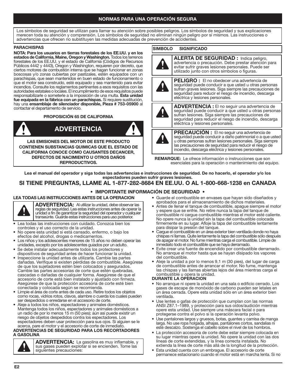 Advertencia | Cub Cadet HB425 User Manual | Page 18 / 28