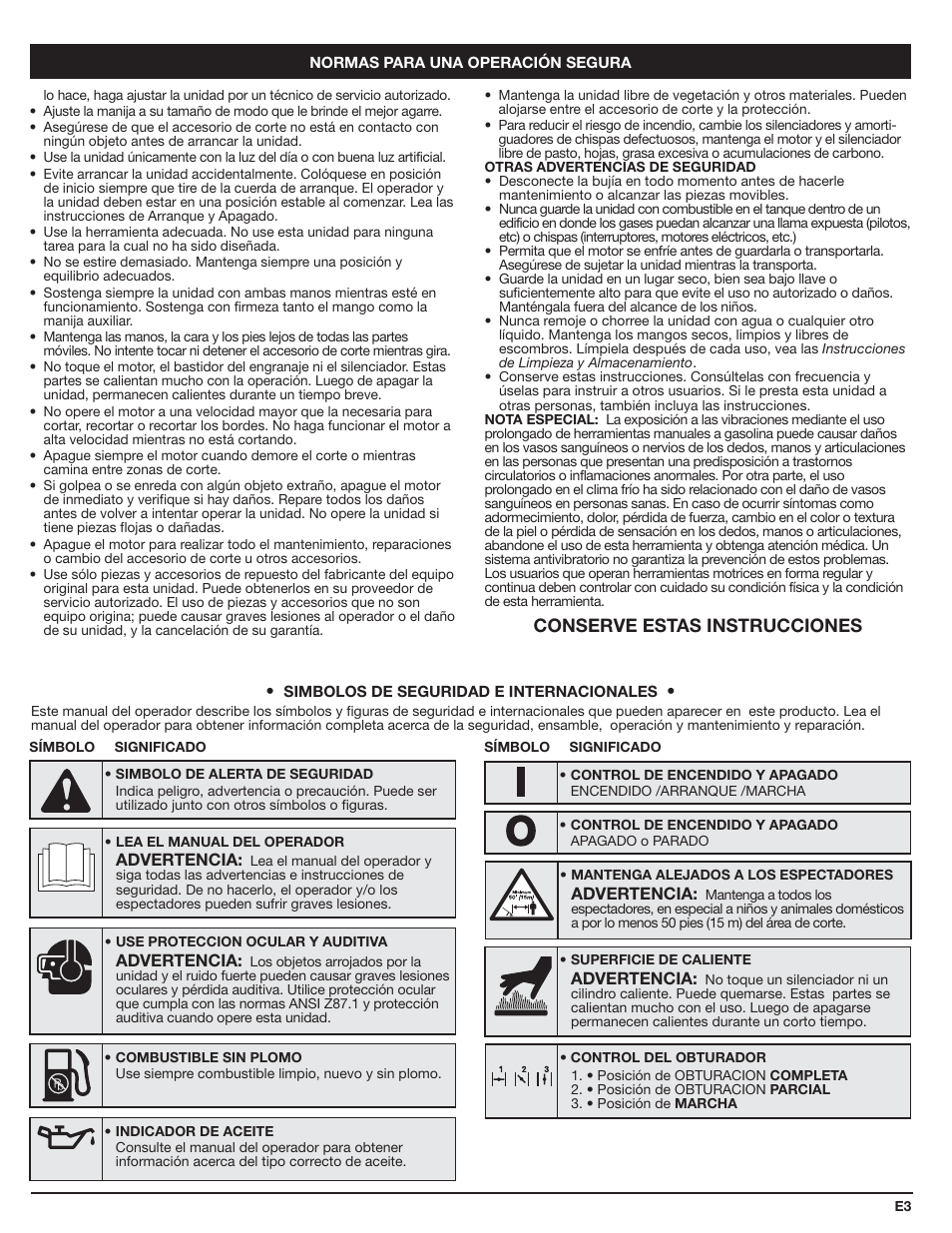 Conserve estas instrucciones | Cub Cadet HB425 User Manual | Page 19 / 28