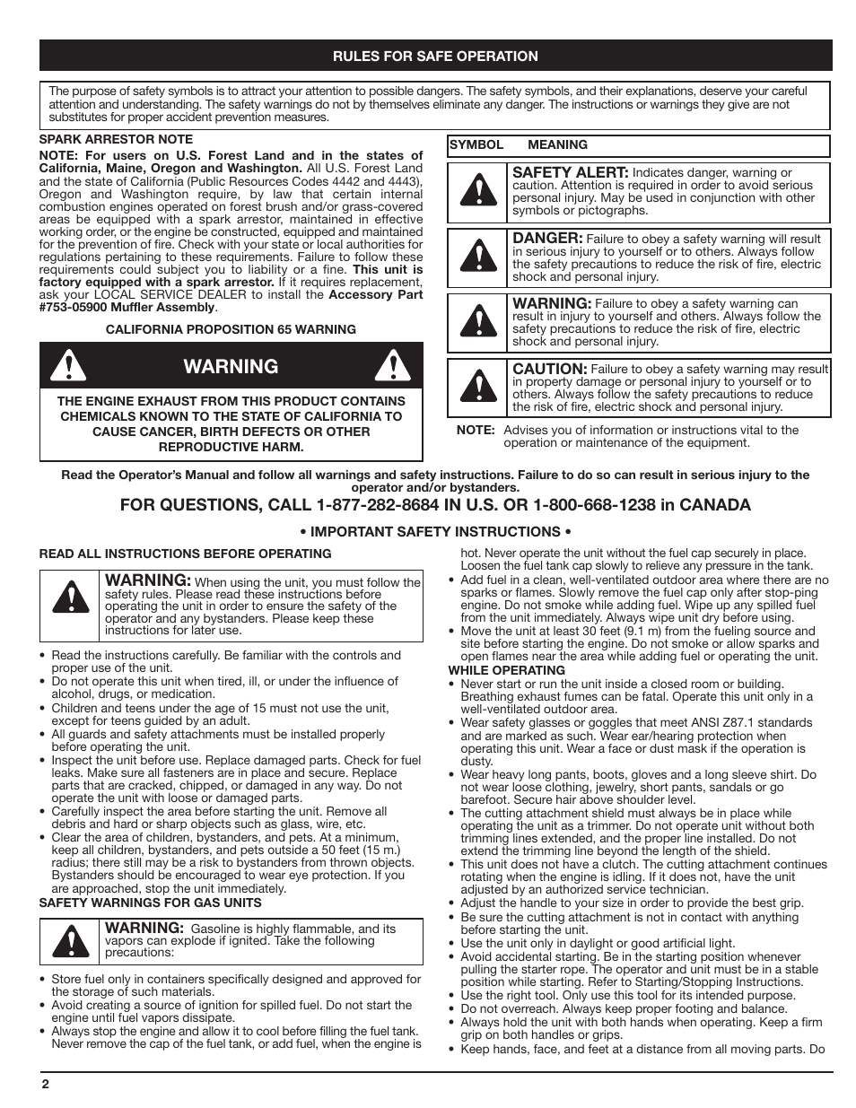 Warning | Cub Cadet HB425 User Manual | Page 2 / 28