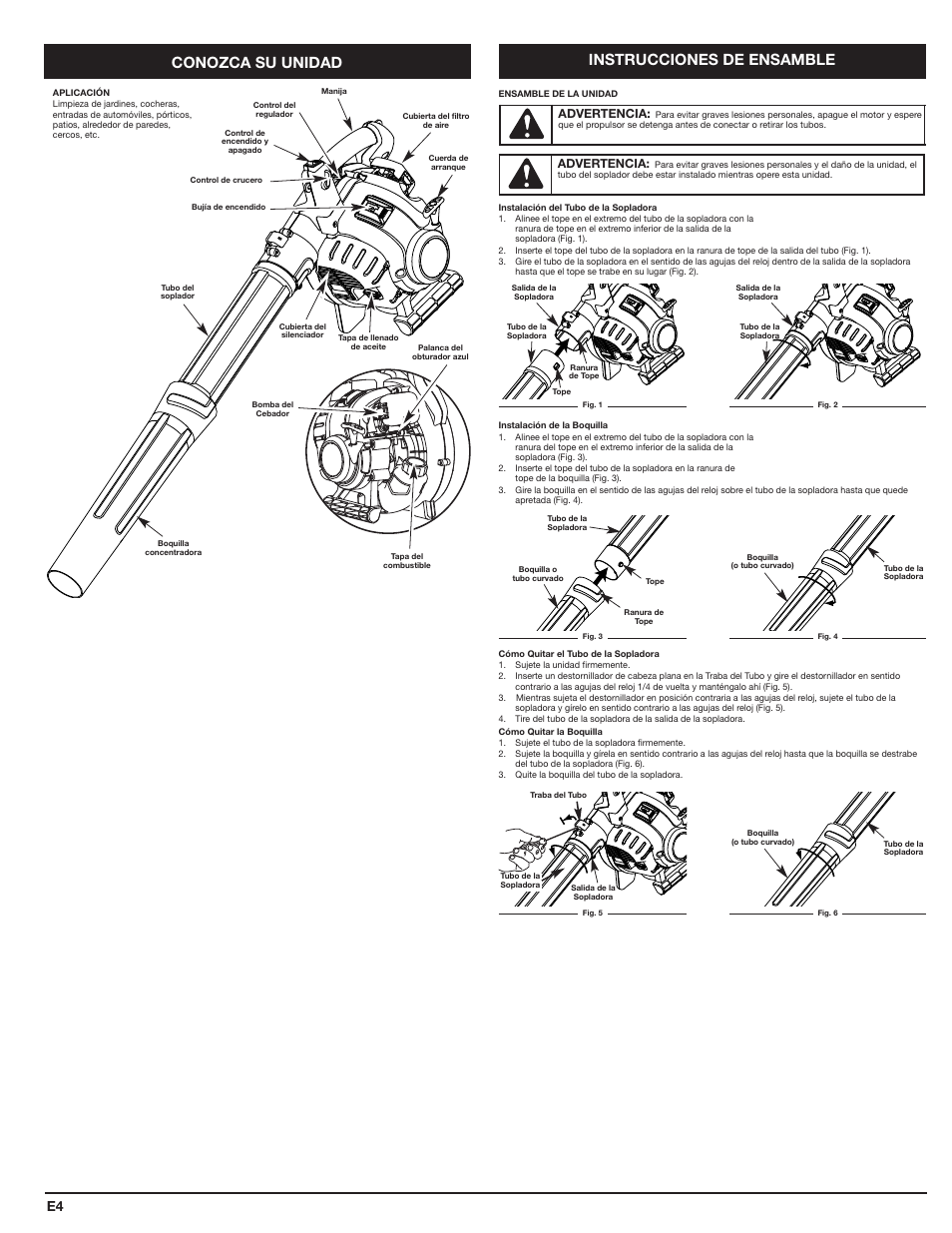 Conozca su unidad, Instrucciones de ensamble, Advertencia | Cub Cadet HB425 User Manual | Page 20 / 28