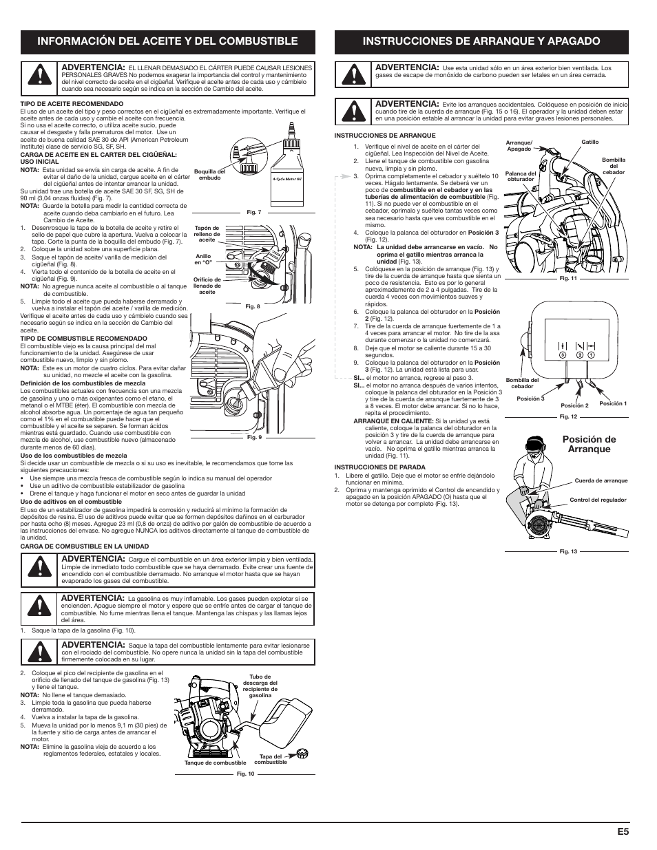Información del aceite y del combustible, Instrucciones de arranque y apagado, Posición de arranque | Cub Cadet HB425 User Manual | Page 21 / 28