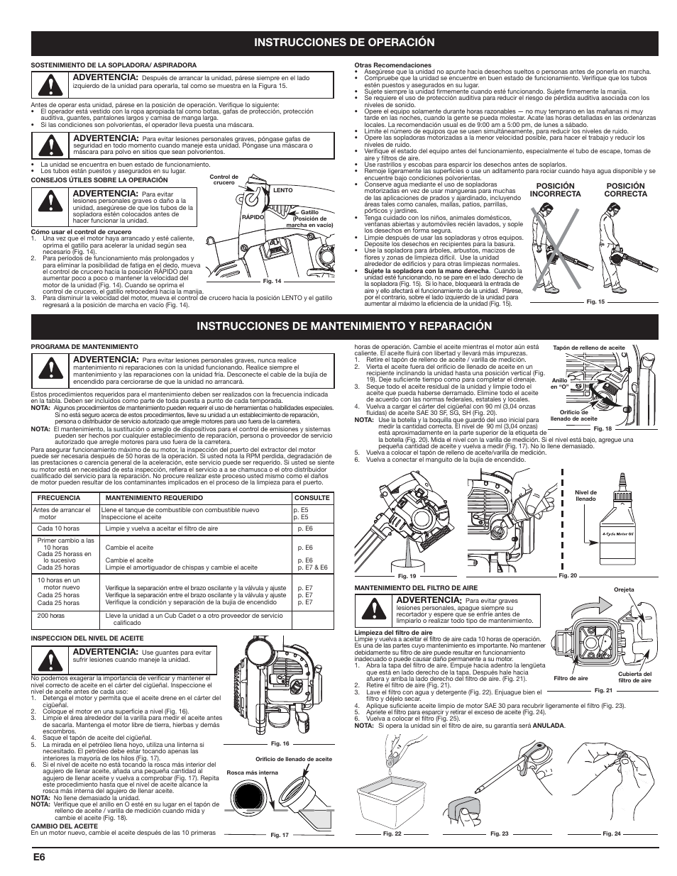 Instrucciones de operación, Instrucciones de mantenimiento y reparación | Cub Cadet HB425 User Manual | Page 22 / 28