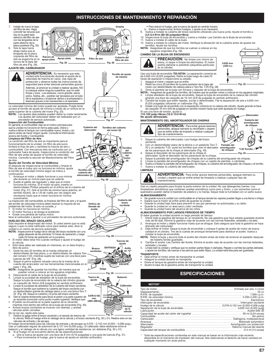 Instrucciones de mantenimiento y reparación, Especificaciones | Cub Cadet HB425 User Manual | Page 23 / 28