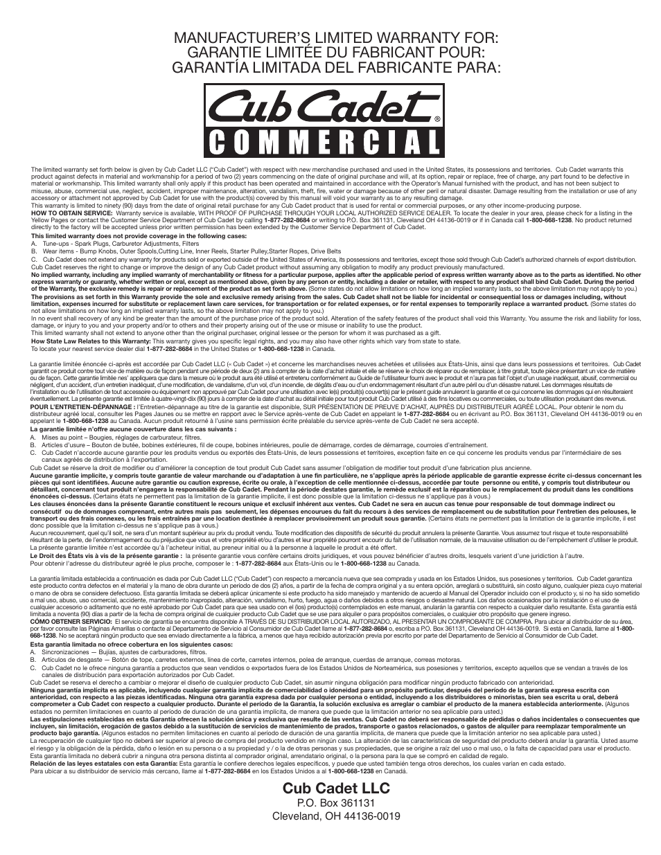 Cub cadet llc | Cub Cadet HB425 User Manual | Page 28 / 28