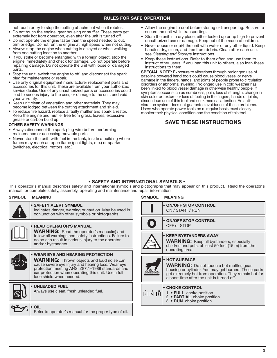 Save these instructions | Cub Cadet HB425 User Manual | Page 3 / 28
