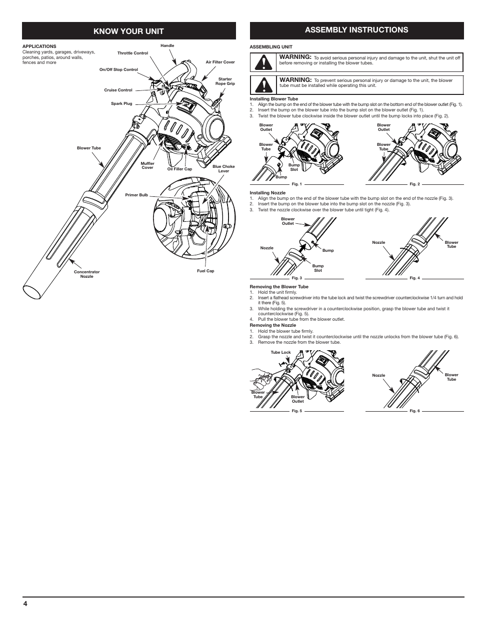 Know your unit, Assembly instructions | Cub Cadet HB425 User Manual | Page 4 / 28