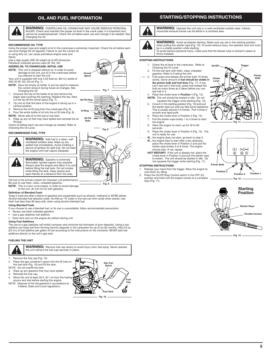 Oil and fuel information, Starting/stopping instructions, Starting position | Cub Cadet HB425 User Manual | Page 5 / 28