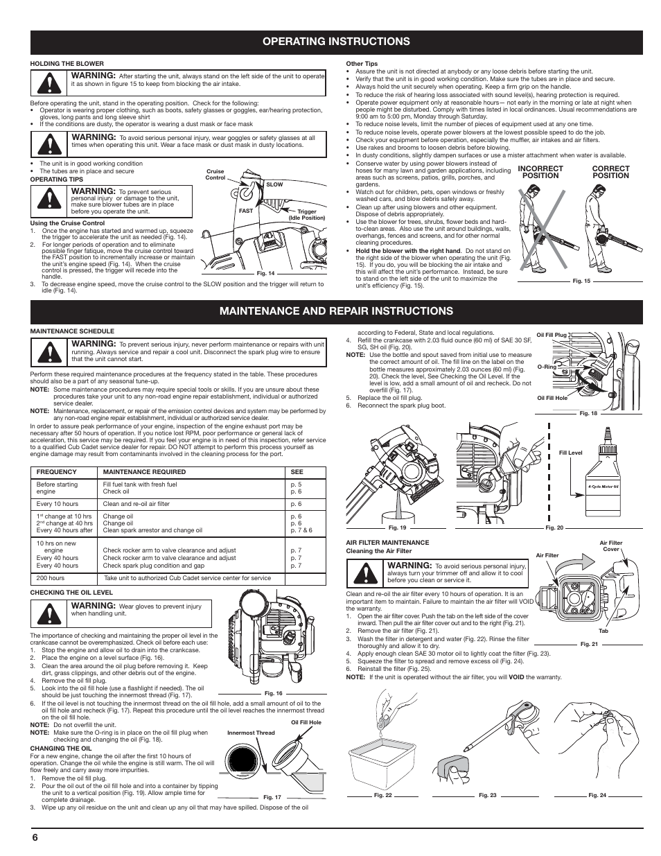 Operating instructions, Maintenance and repair instructions | Cub Cadet HB425 User Manual | Page 6 / 28