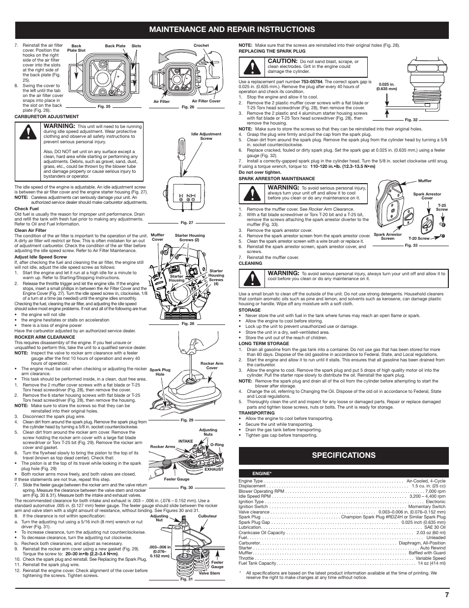 Maintenance and repair instructions, Specifications | Cub Cadet HB425 User Manual | Page 7 / 28