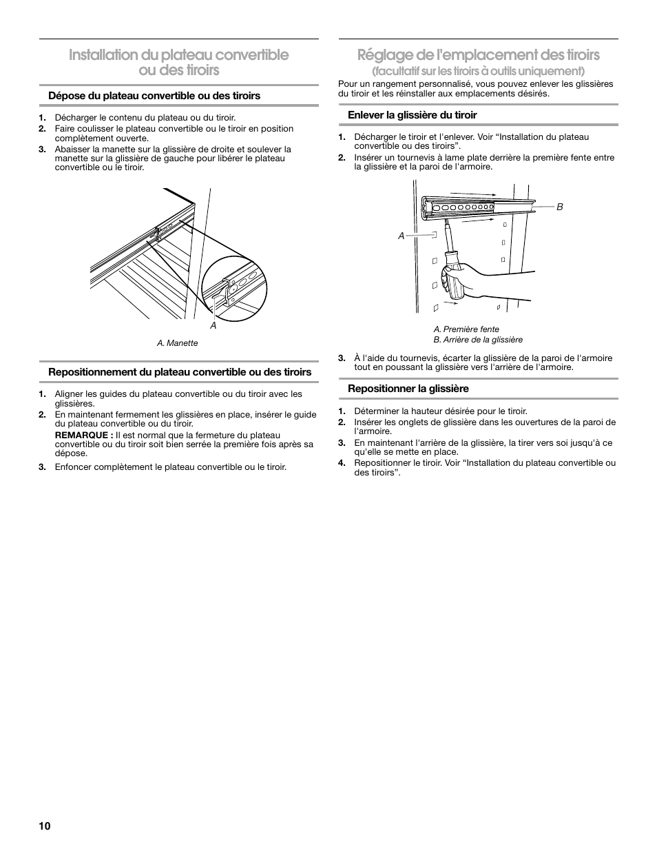 Installation du plateau convertible ou des tiroirs, Réglage de l'emplacement des tiroirs | Gladiator GAGB272DRG Premier Series Modular GearBox User Manual | Page 10 / 12