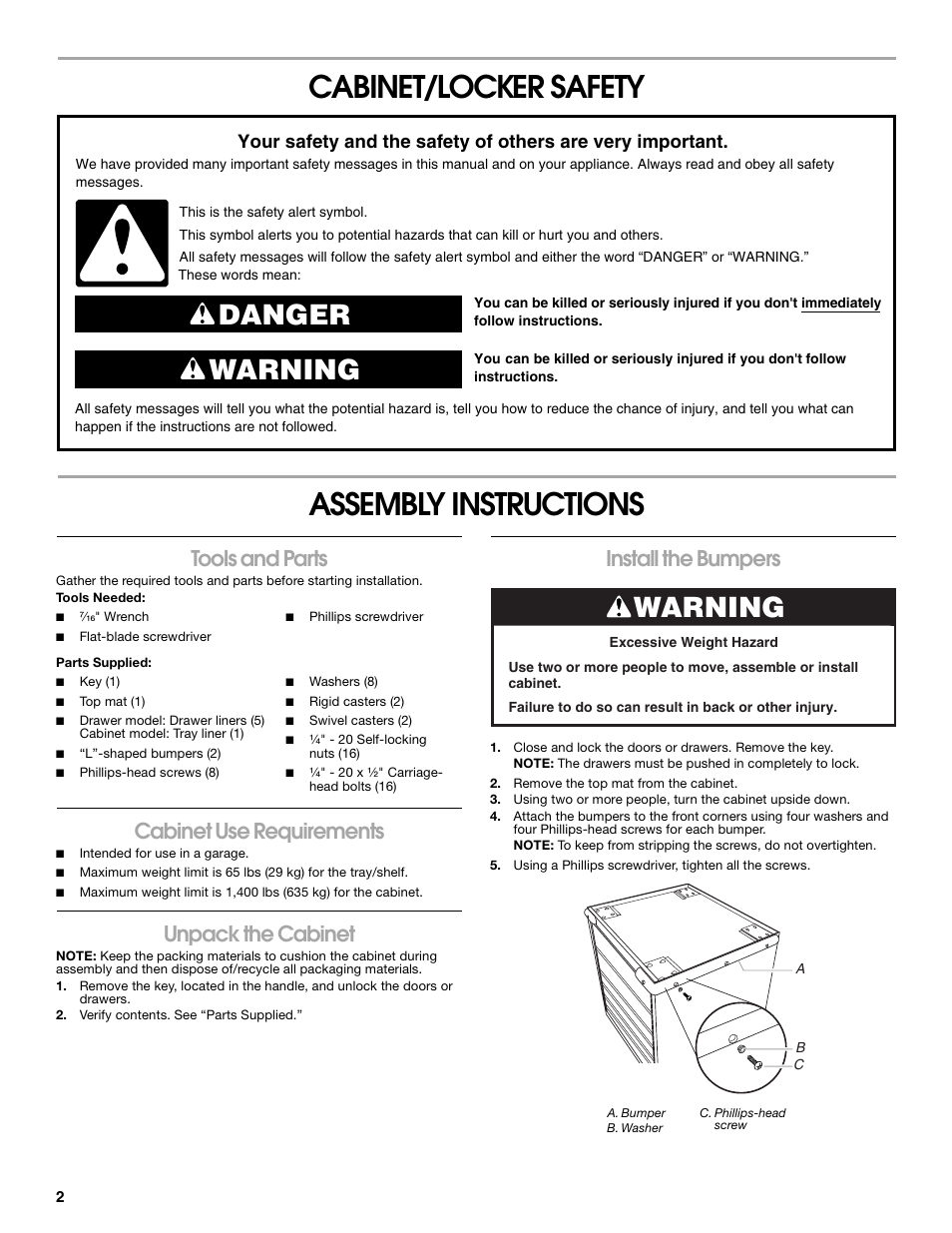 Cabinet/locker safety assembly instructions, Danger warning, Warning | Tools and parts, Cabinet use requirements, Unpack the cabinet, Install the bumpers | Gladiator GAGB272DRG Premier Series Modular GearBox User Manual | Page 2 / 12