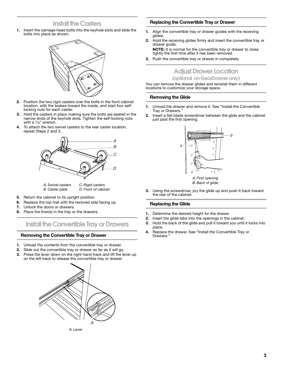 Install the casters, Install the convertible tray or drawers, Adjust drawer location | Optional on geardrawer only) | Gladiator GAGB272DRG Premier Series Modular GearBox User Manual | Page 3 / 12