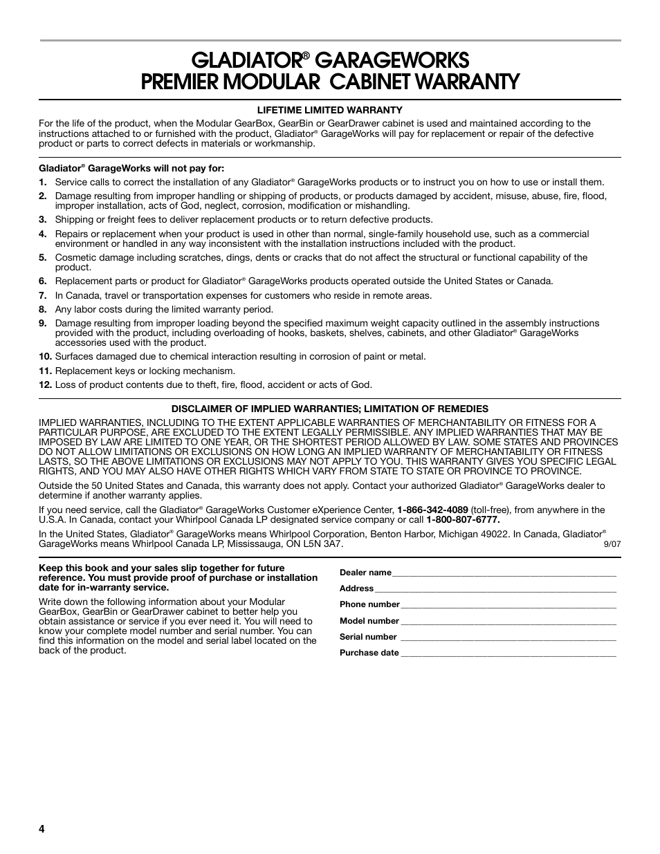 Gladiator, Garageworks premier modular cabinet warranty | Gladiator GAGB272DRG Premier Series Modular GearBox User Manual | Page 4 / 12
