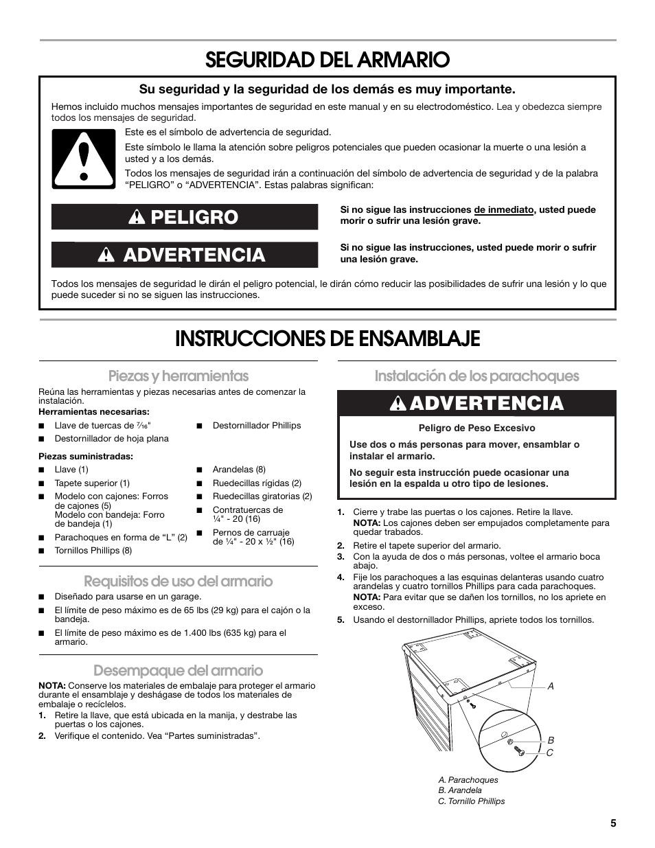 Seguridad del armario instrucciones de ensamblaje, Advertencia peligro, Advertencia | Piezas y herramientas, Requisitos de uso del armario, Desempaque del armario, Instalación de los parachoques | Gladiator GAGB272DRG Premier Series Modular GearBox User Manual | Page 5 / 12