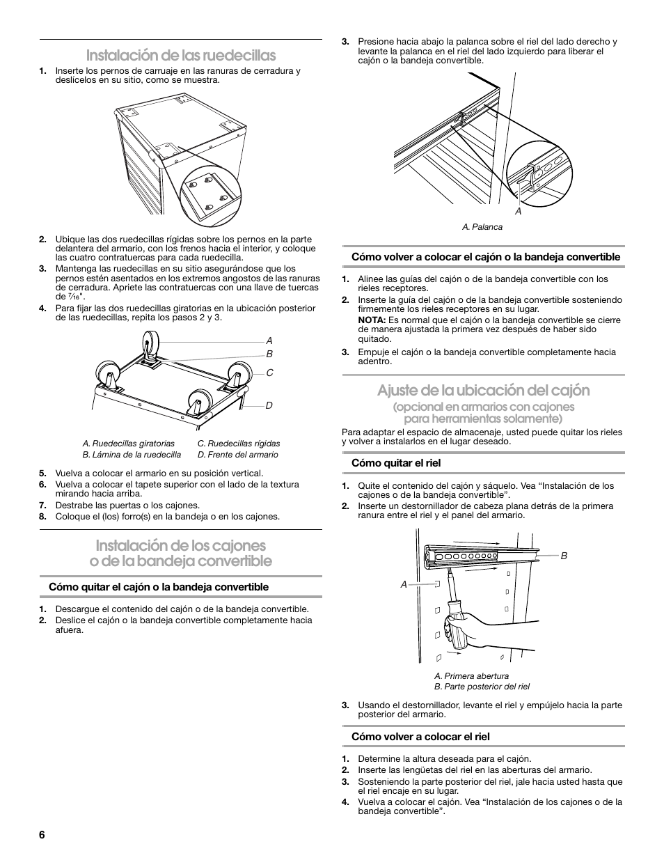 Instalación de las ruedecillas, Ajuste de la ubicación del cajón | Gladiator GAGB272DRG Premier Series Modular GearBox User Manual | Page 6 / 12