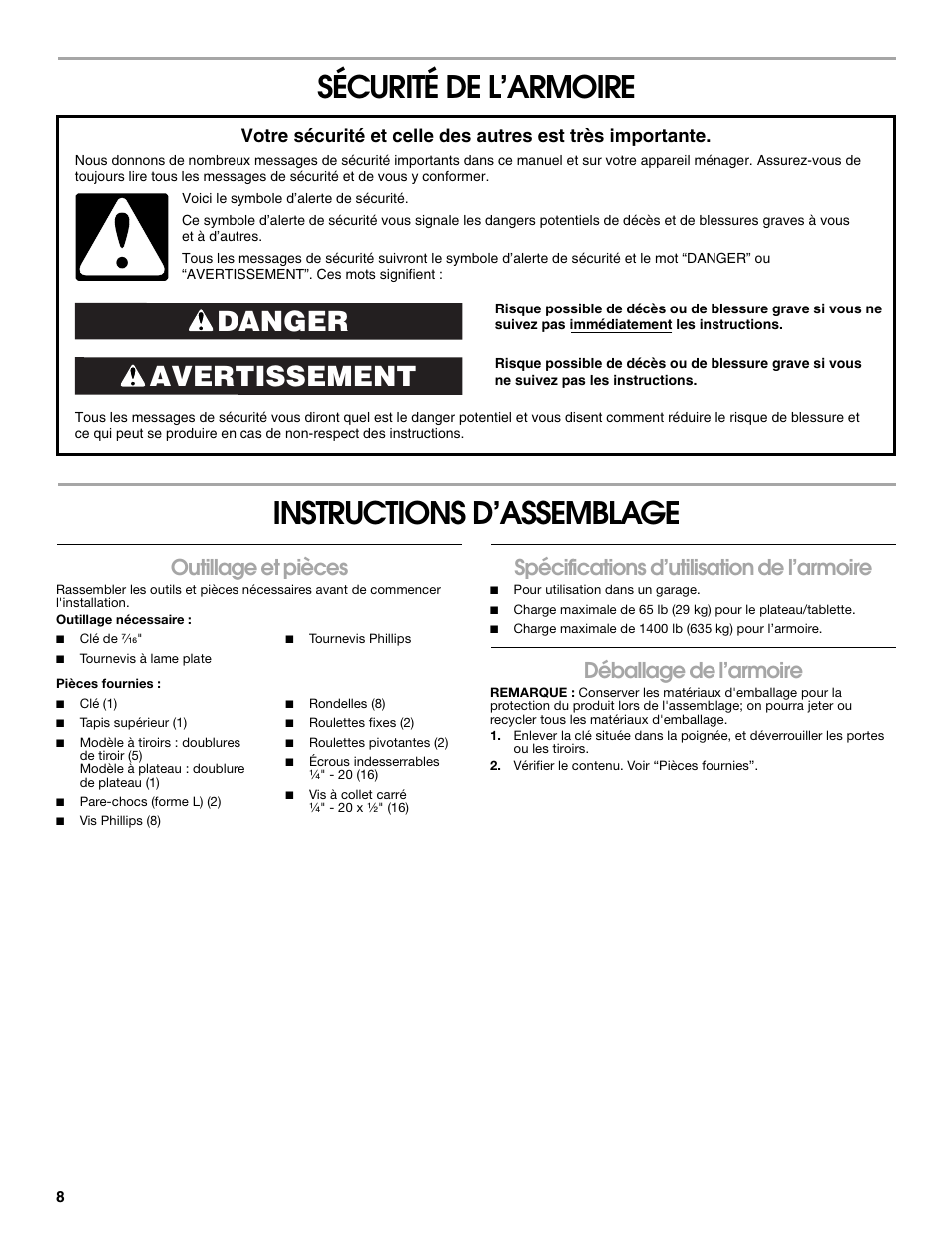 Sécurité de l’armoire instructions d’assemblage, Avertissement danger, Outillage et pièces | Spécifications d’utilisation de l’armoire, Déballage de l’armoire | Gladiator GAGB272DRG Premier Series Modular GearBox User Manual | Page 8 / 12
