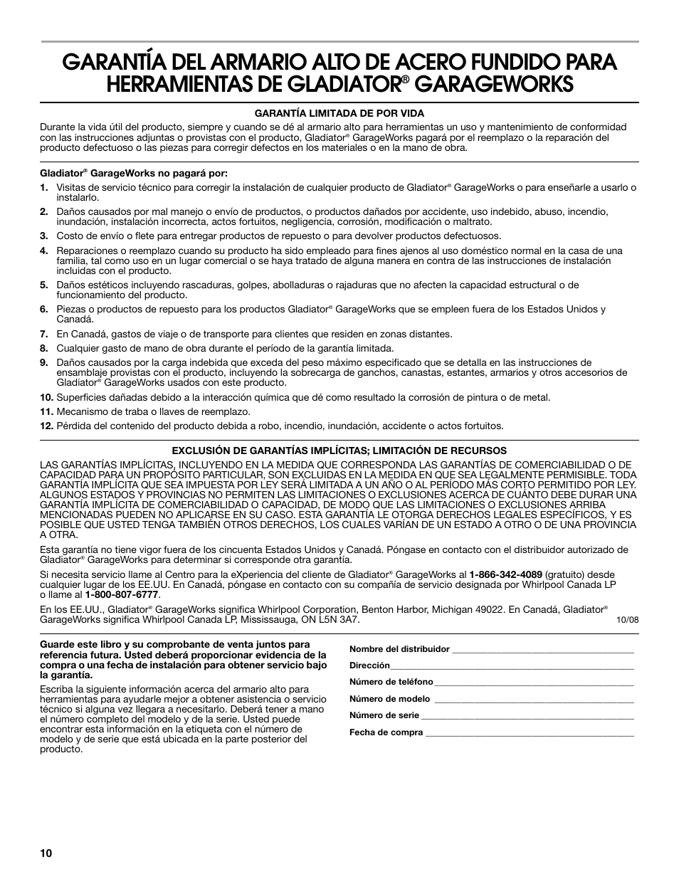 Garageworks | Gladiator GATB302DRG Premier Series Tall GearBox User Manual | Page 10 / 16