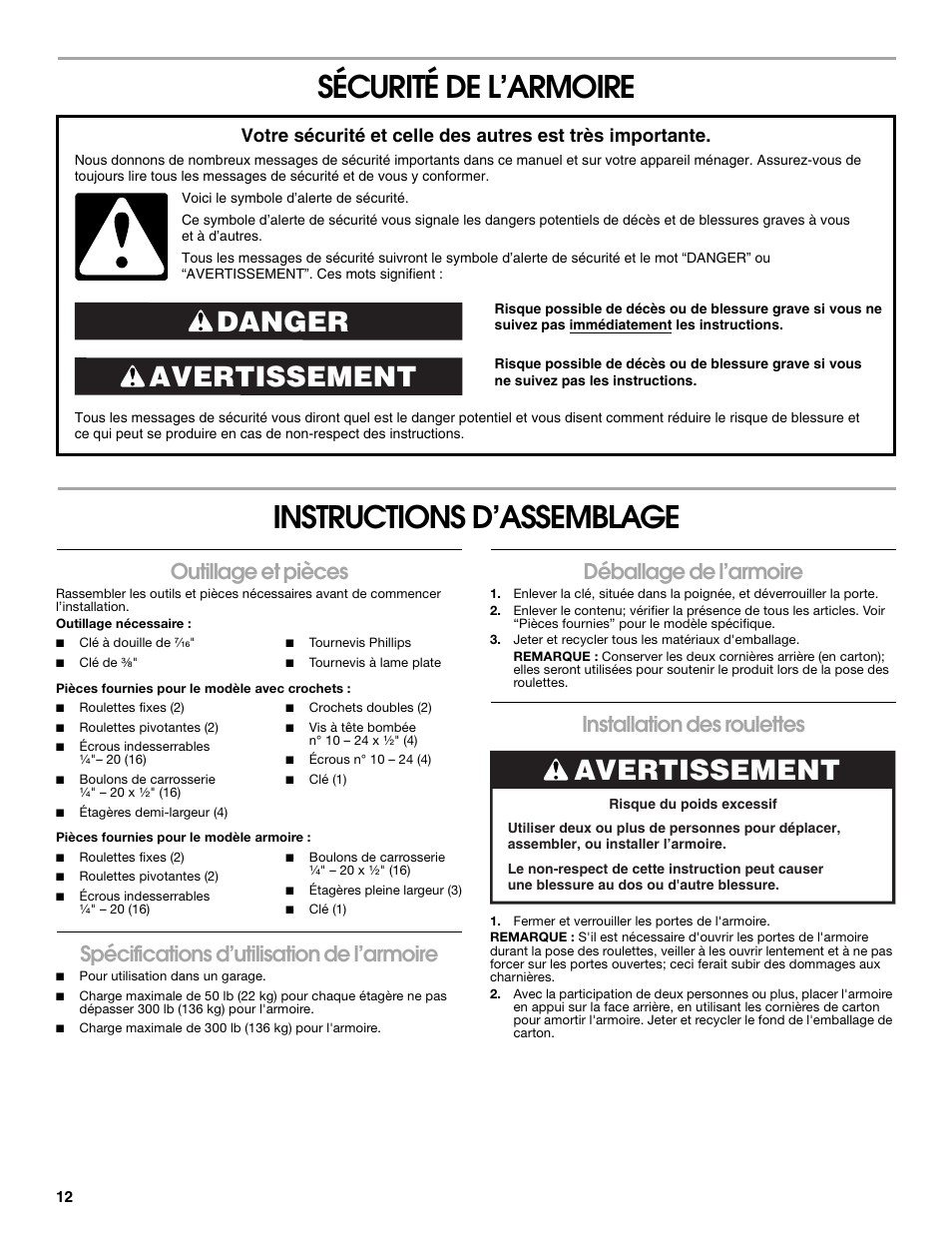 Sécurité de l’armoire instructions d’assemblage, Avertissement danger, Avertissement | Outillage et pièces, Spécifications d’utilisation de l’armoire, Déballage de l’armoire, Installation des roulettes | Gladiator GATB302DRG Premier Series Tall GearBox User Manual | Page 12 / 16