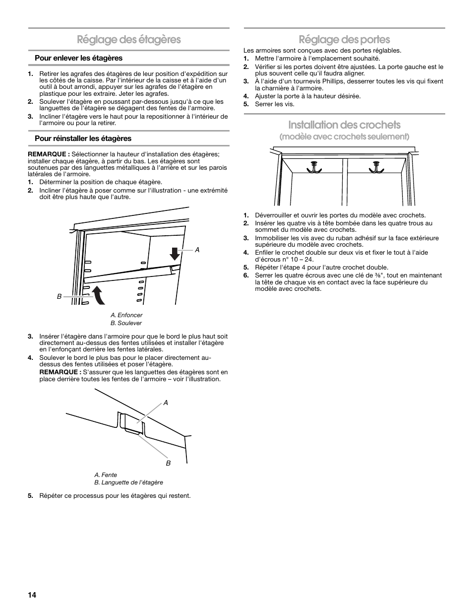 Réglage des étagères, Réglage des portes, Installation des crochets | Gladiator GATB302DRG Premier Series Tall GearBox User Manual | Page 14 / 16