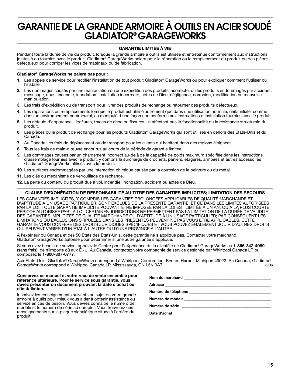 Garageworks | Gladiator GATB302DRG Premier Series Tall GearBox User Manual | Page 15 / 16