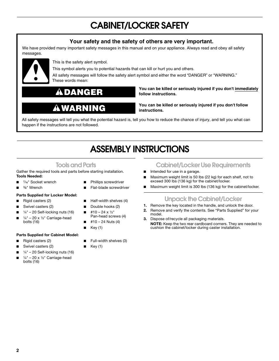Cabinet/locker safety assembly instructions, Danger warning, Tools and parts | Cabinet/locker use requirements, Unpack the cabinet/locker | Gladiator GATB302DRG Premier Series Tall GearBox User Manual | Page 2 / 16