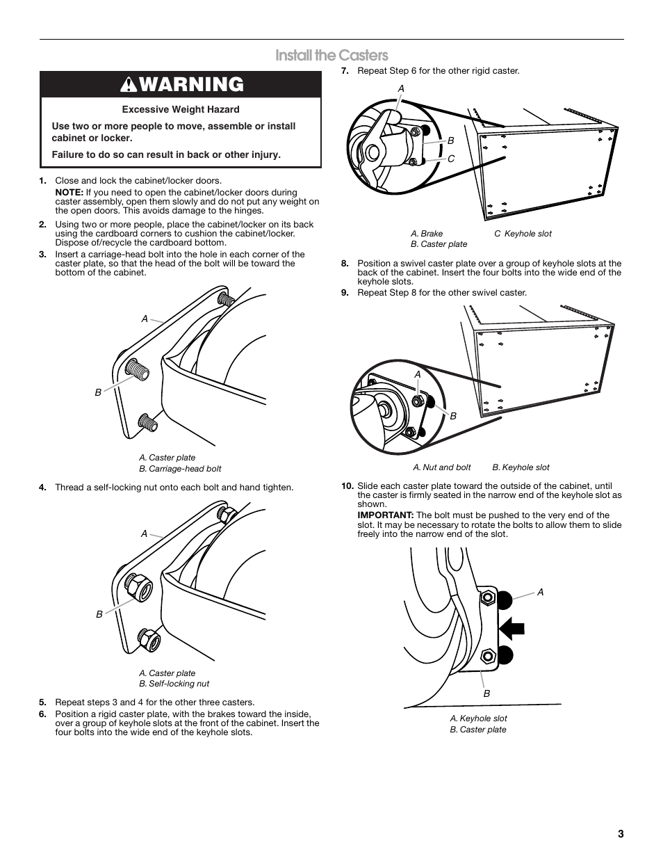 Warning, Install the casters | Gladiator GATB302DRG Premier Series Tall GearBox User Manual | Page 3 / 16