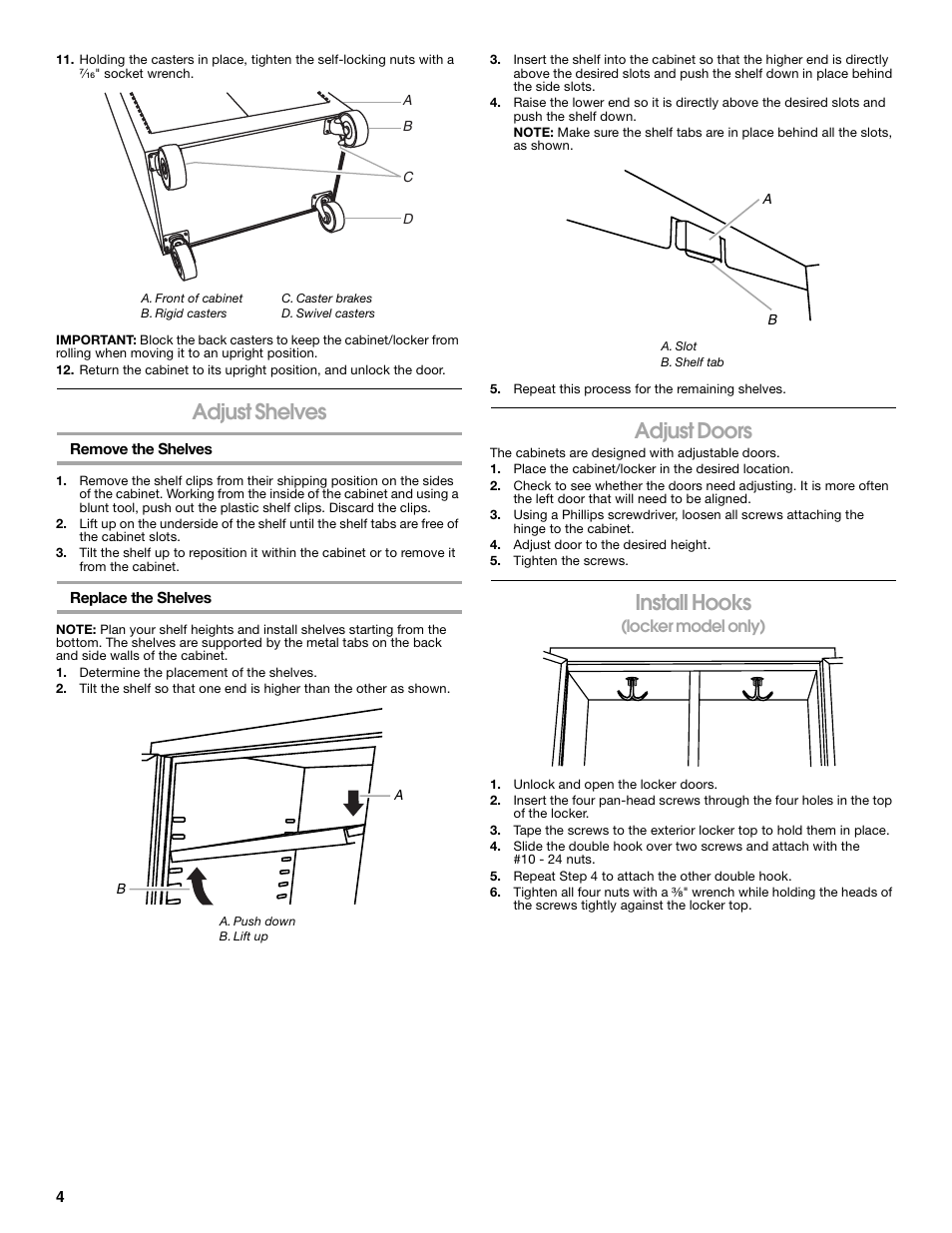 Adjust shelves, Adjust doors, Install hooks | Gladiator GATB302DRG Premier Series Tall GearBox User Manual | Page 4 / 16