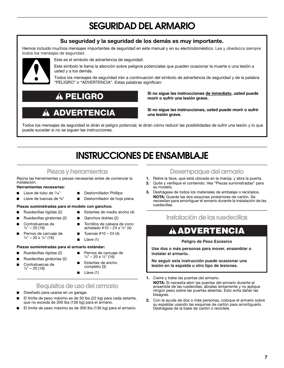 Seguridad del armario instrucciones de ensamblaje, Advertencia peligro, Advertencia | Piezas y herramientas, Requisitos de uso del armario, Desempaque del armario, Instalación de las ruedecillas | Gladiator GATB302DRG Premier Series Tall GearBox User Manual | Page 7 / 16