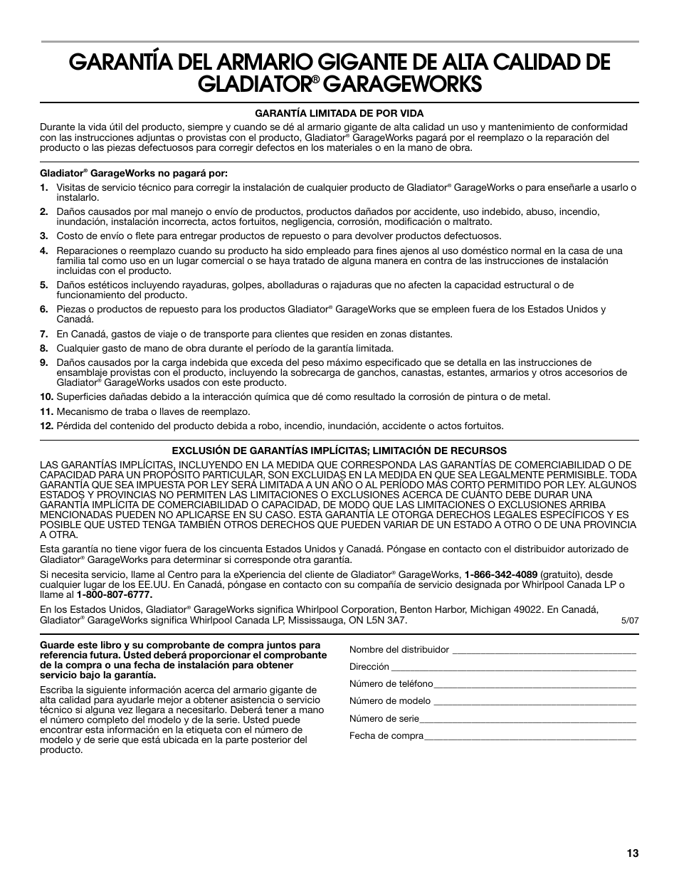 Garageworks | Gladiator GAJG36FDZW The Jumbo GearBox User Manual | Page 13 / 20