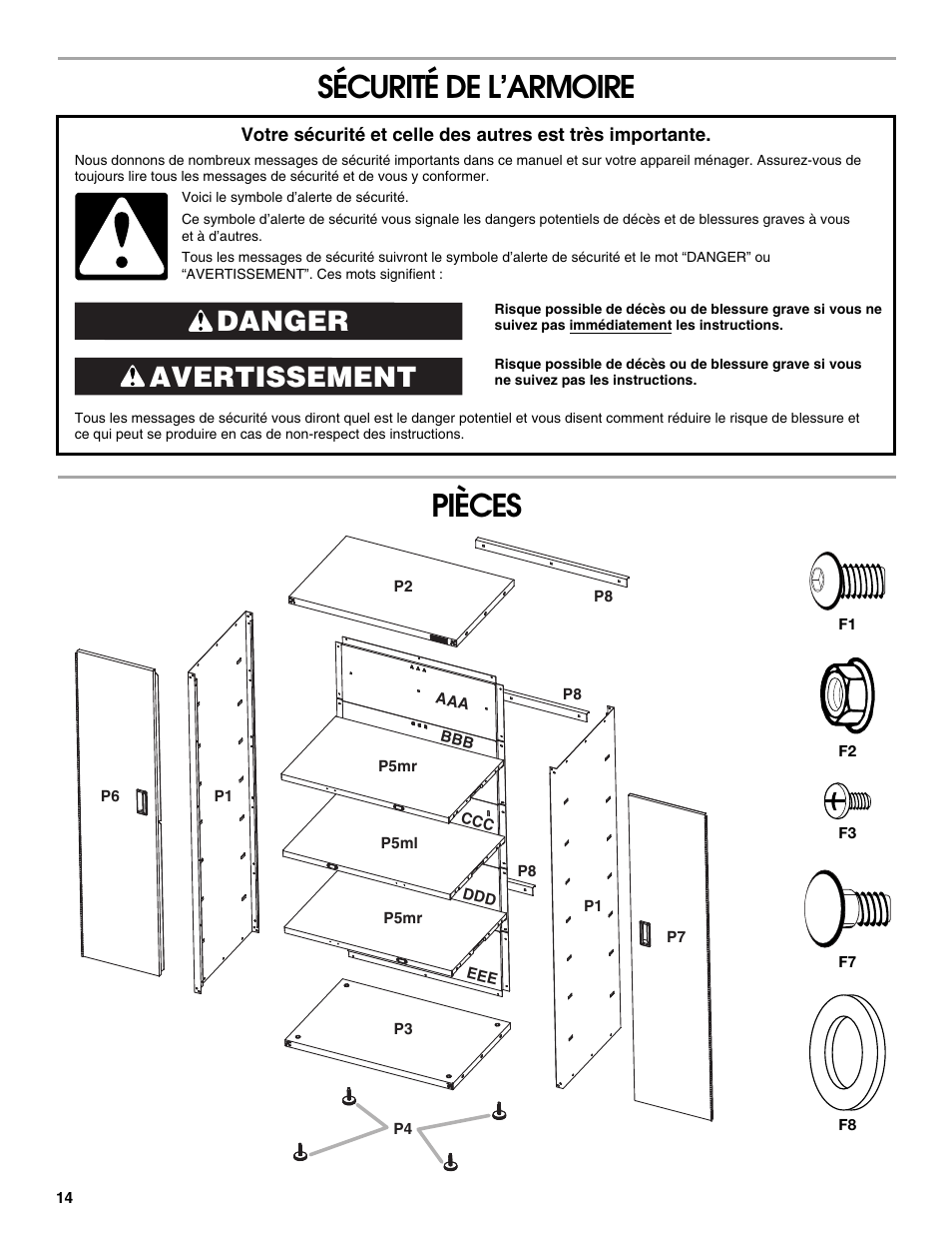 Sécurité de l’armoire pièces, Avertissement danger | Gladiator GAJG36FDZW The Jumbo GearBox User Manual | Page 14 / 20