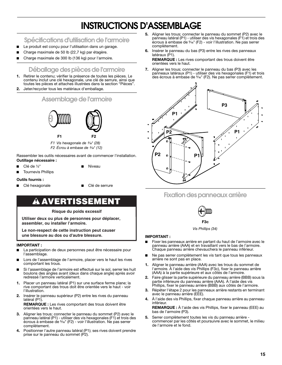 Instructions d'assemblage, Avertissement, Spécifications d'utilisation de l'armoire | Déballage des pièces de l'armoire, Assemblage de l'armoire, Fixation des panneaux arrière | Gladiator GAJG36FDZW The Jumbo GearBox User Manual | Page 15 / 20