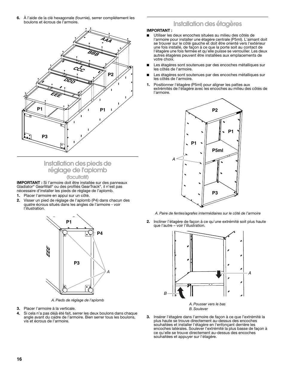 Installation des pieds de réglage de l'aplomb, Installation des étagères | Gladiator GAJG36FDZW The Jumbo GearBox User Manual | Page 16 / 20
