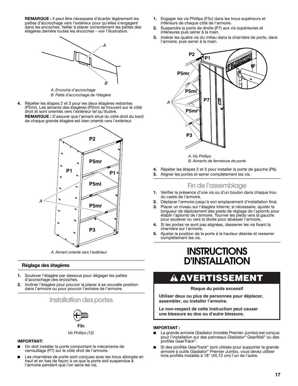 Instructions d'installation, Avertissement, Installation des portes | Fin de l’assemblage | Gladiator GAJG36FDZW The Jumbo GearBox User Manual | Page 17 / 20