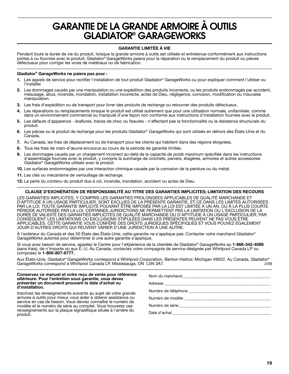 Garantie de la grande armoire à outils gladiator, Garageworks | Gladiator GAJG36FDZW The Jumbo GearBox User Manual | Page 19 / 20