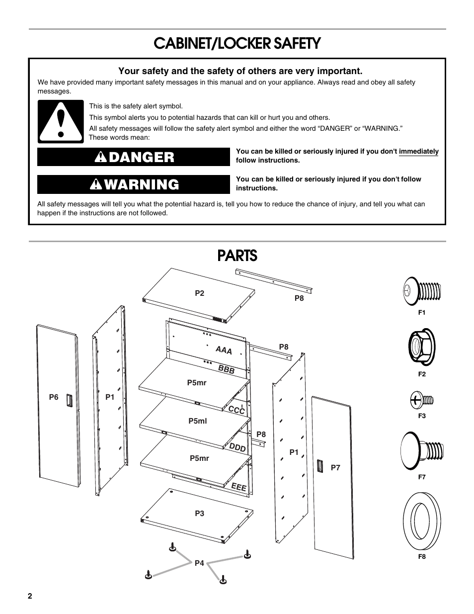 Cabinet/locker safety parts, Danger warning | Gladiator GAJG36FDZW The Jumbo GearBox User Manual | Page 2 / 20