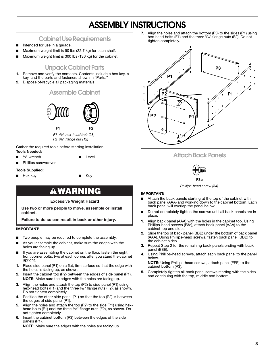 Assembly instructions, Warning, Cabinet use requirements | Unpack cabinet parts, Assemble cabinet, Attach back panels | Gladiator GAJG36FDZW The Jumbo GearBox User Manual | Page 3 / 20