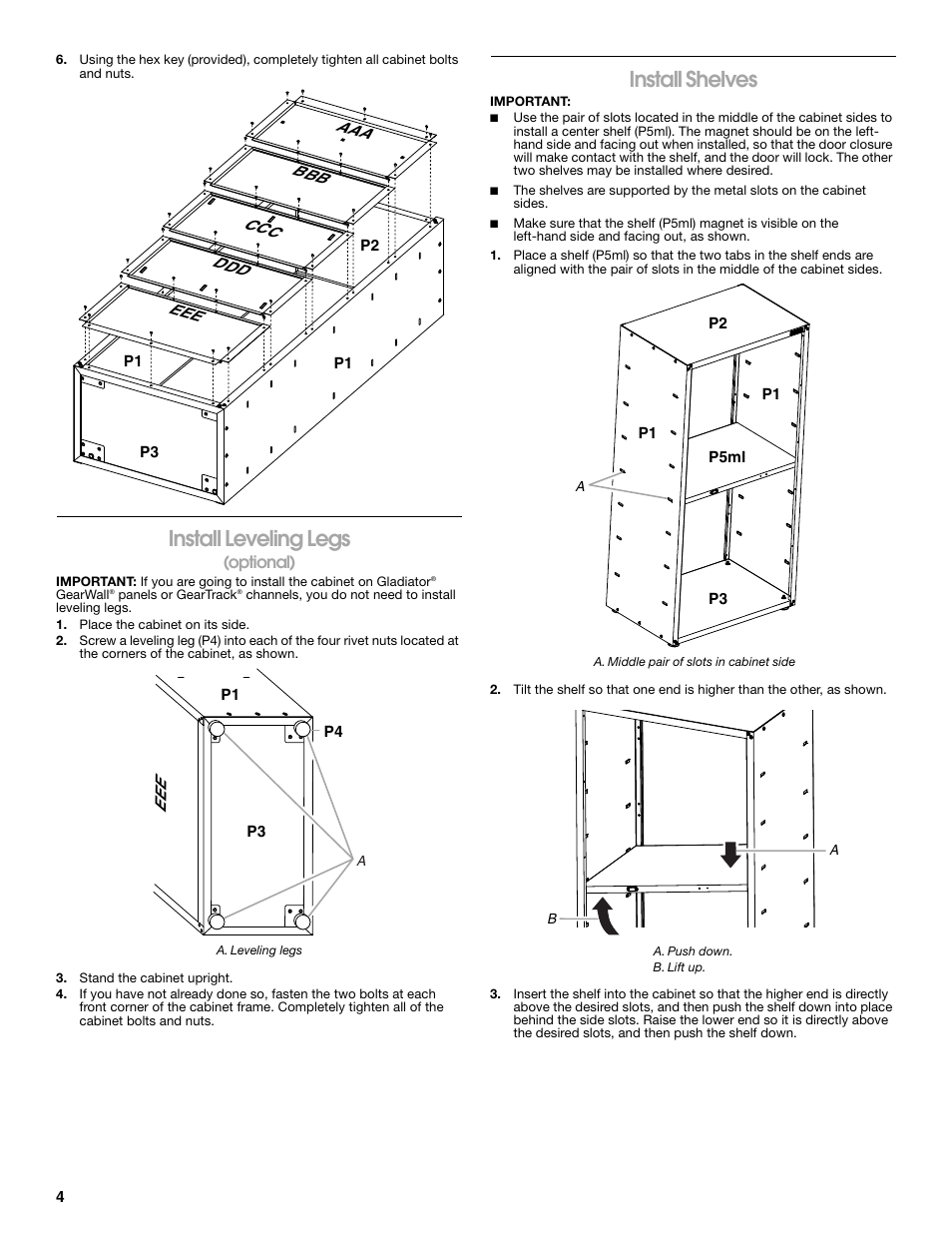 Install leveling legs, Install shelves | Gladiator GAJG36FDZW The Jumbo GearBox User Manual | Page 4 / 20