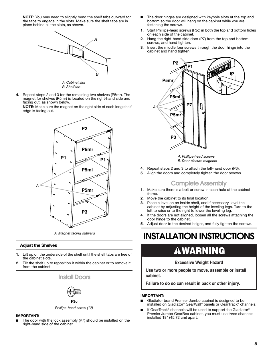 Installation instructions, Warning, Install doors | Complete assembly | Gladiator GAJG36FDZW The Jumbo GearBox User Manual | Page 5 / 20