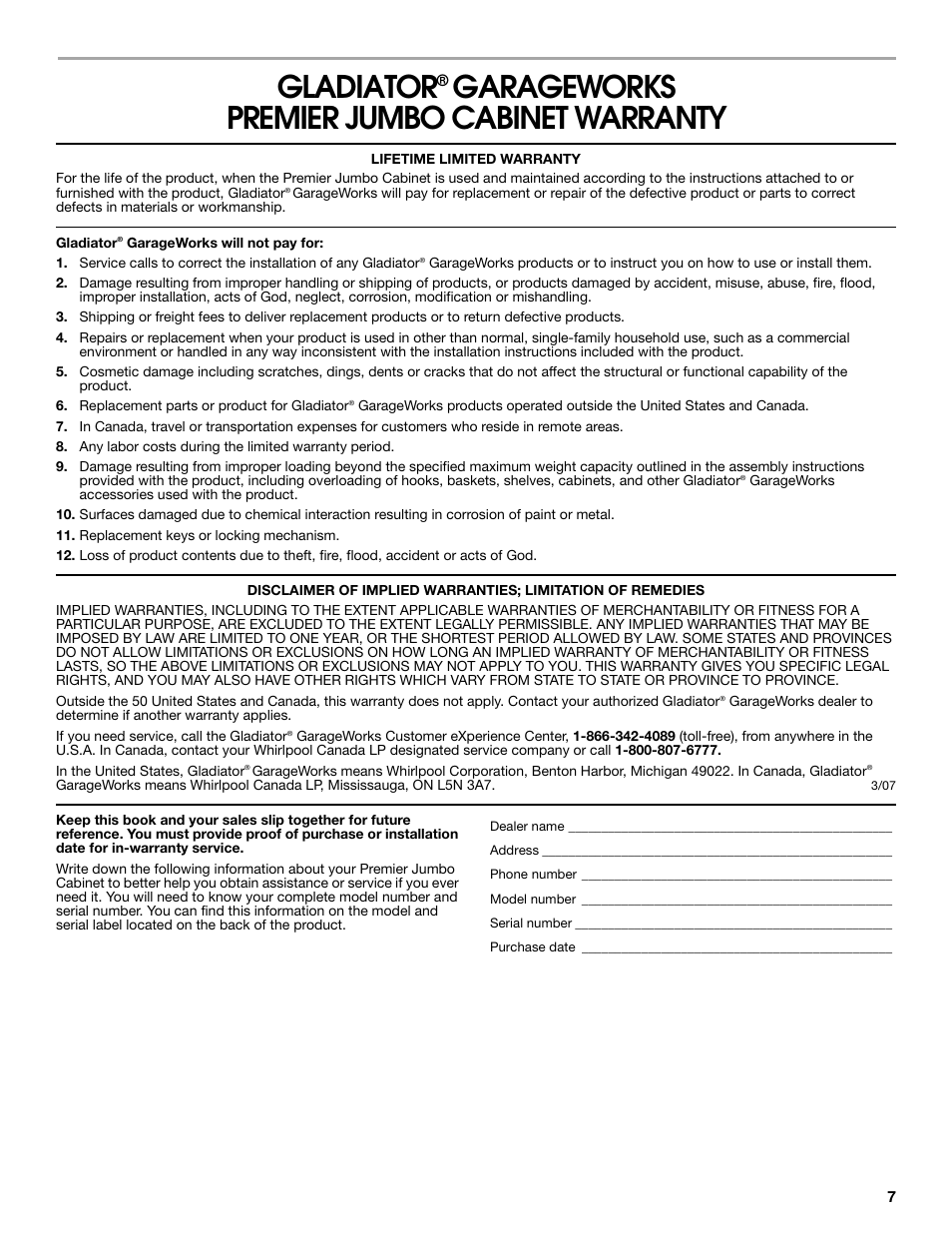 Gladiator, Garageworks premier jumbo cabinet warranty | Gladiator GAJG36FDZW The Jumbo GearBox User Manual | Page 7 / 20