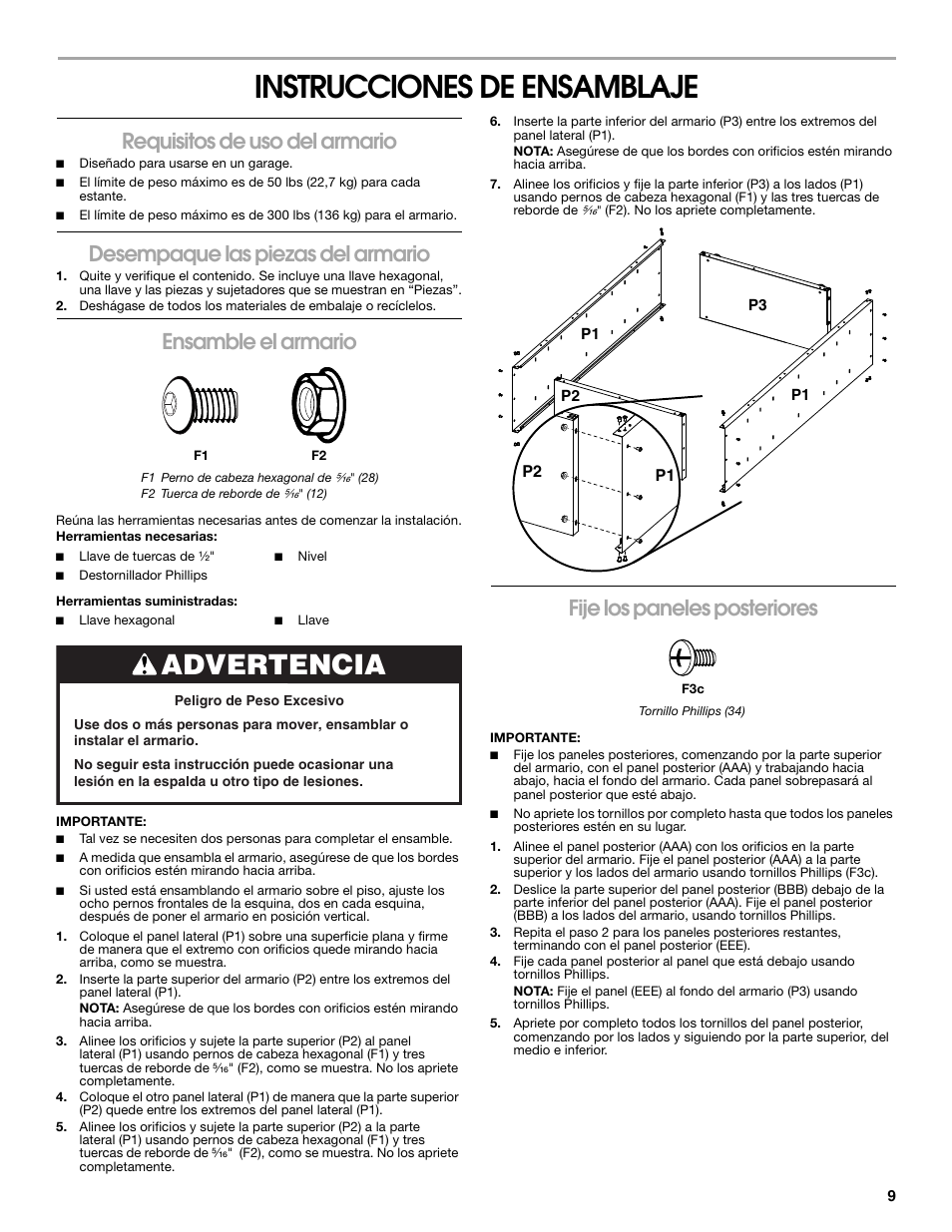 Instrucciones de ensamblaje, Advertencia, Requisitos de uso del armario | Desempaque las piezas del armario, Ensamble el armario, Fije los paneles posteriores | Gladiator GAJG36FDZW The Jumbo GearBox User Manual | Page 9 / 20